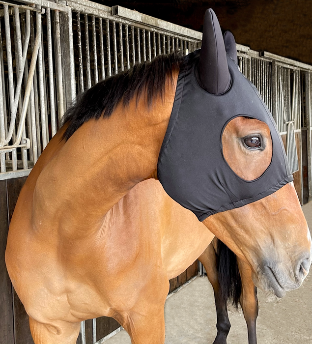 Lycra Racing Hood with Padded Ears For Horse - Red and Black